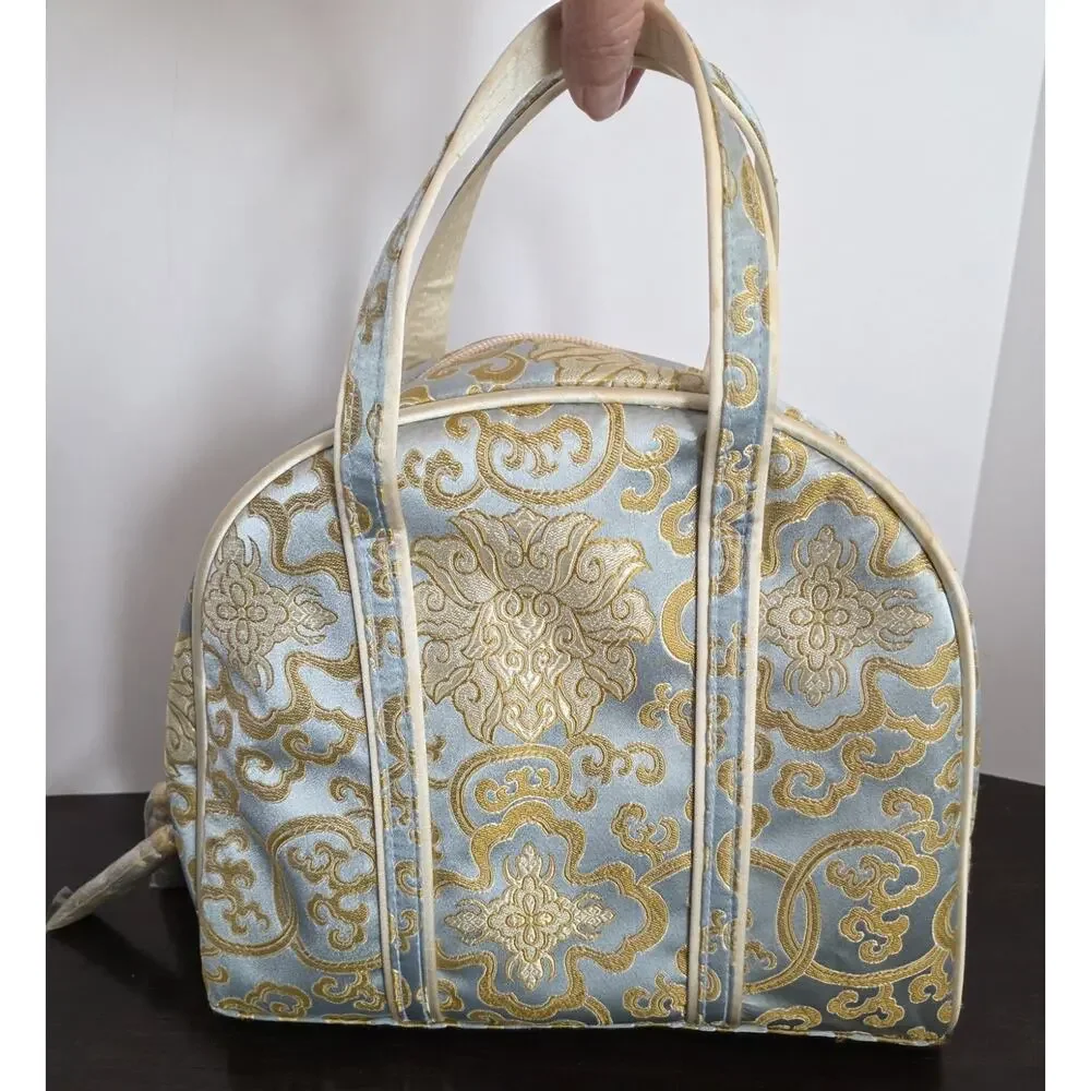 4 Piece Chinoiserie Zip Travel Cosmetic Tote Bag Set Blue Gold Satin